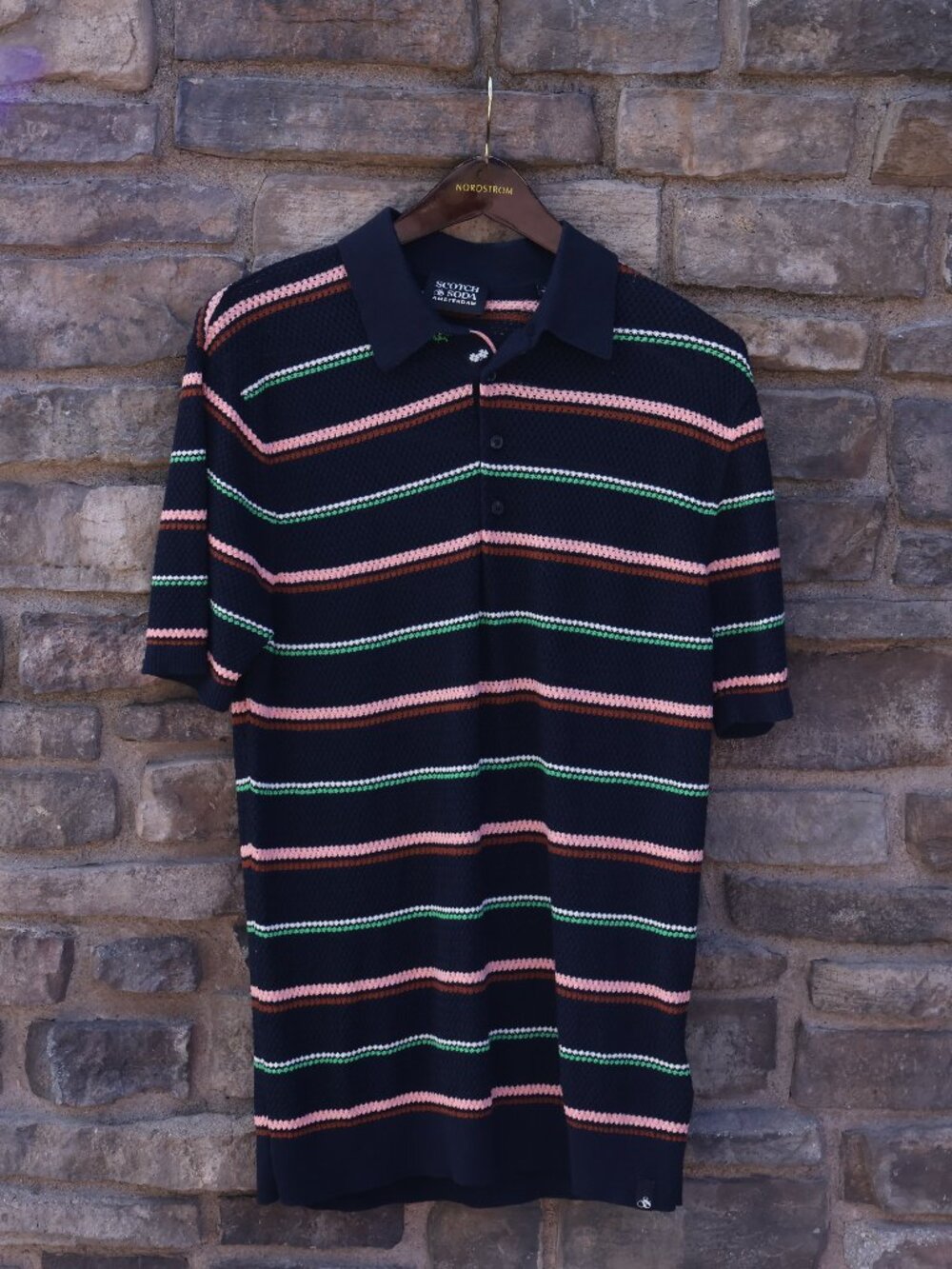 Scotch & Soda Men’s Navy Textured Knit Multicolor Striped Polo Size L